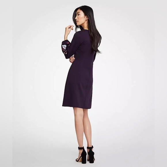 ANN TAYLOR Embroidered Sleeve Flare Shift Dress Purple V-Neck Long Sleeve Size L - Picture 2 of 14